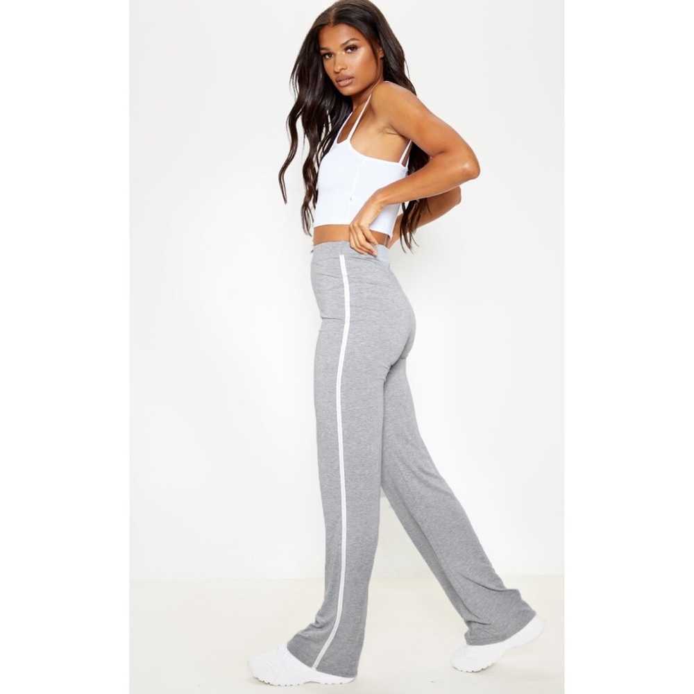 Grey With White Jersey Side Stripe Wide Leg Pants